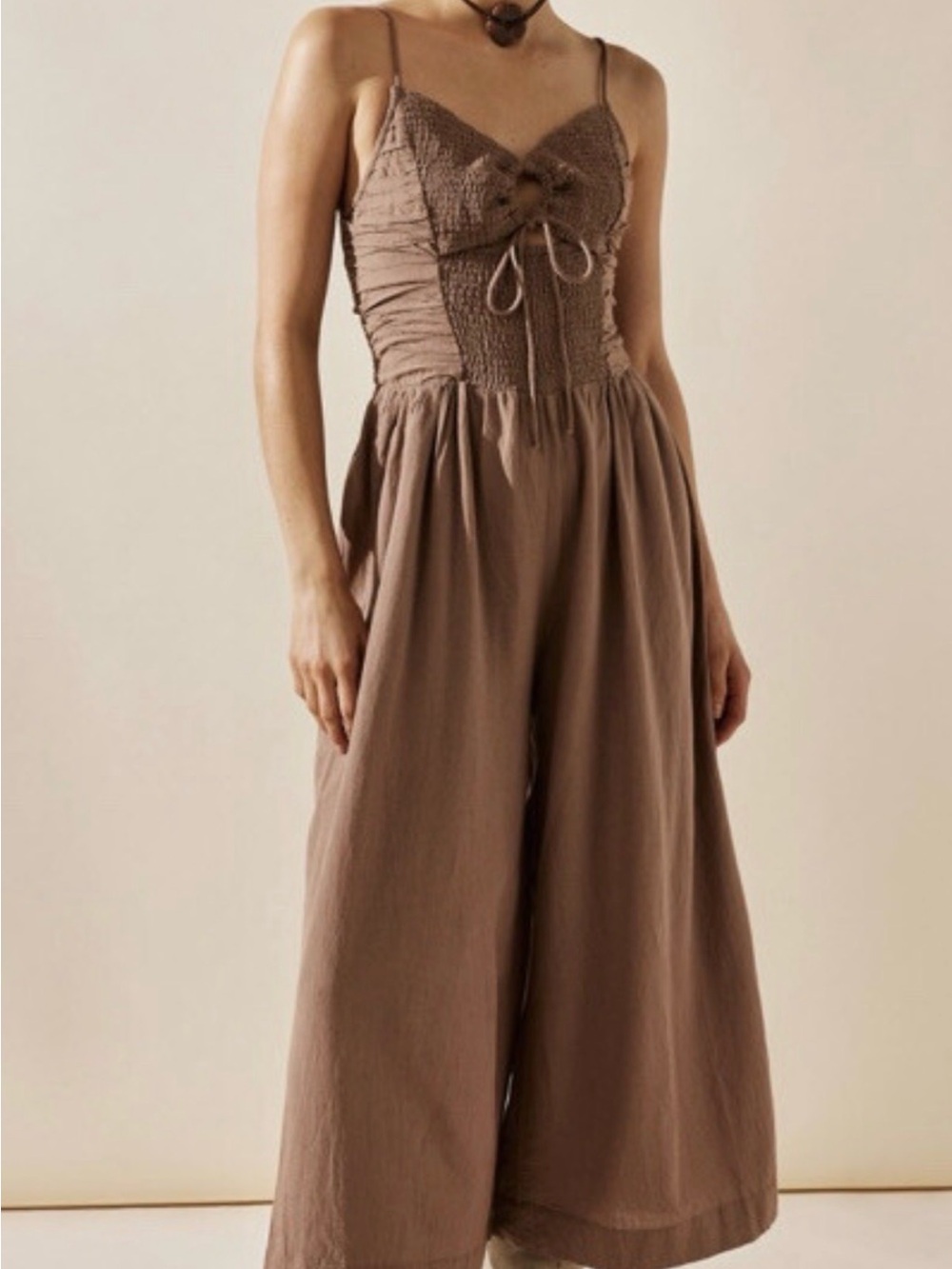Free People Endless Summer Day Glow one piece. Brown Smocked Wide-Leg Jumpsuit